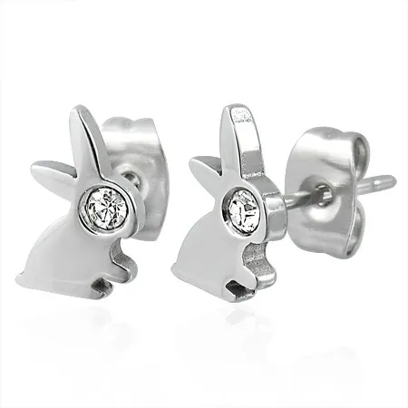 Náušnice z oceli 316L stříbrné barvy - zajíček se zirkonovým očkem