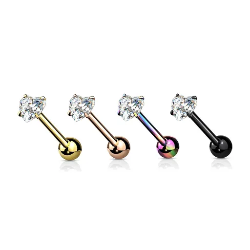 Piercing z 316L oceli do jazyka - rovná činka, třpytivý srdíčkovitý zirkon, PVD úprava - Barva piercing: Černá