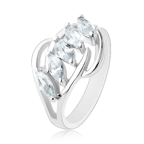 Blýskavý prsten, linie čirých zirkonů, rozdělené konce ramen - Velikost: 53