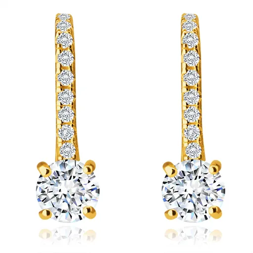 Zlaté 14K náušnice - čirý třpytivý zirkon v kulatém kotlíku, linie drobných zirkonů, afro háček