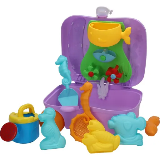 Sada hraček na písek v kufříku, 7 ks, fialová