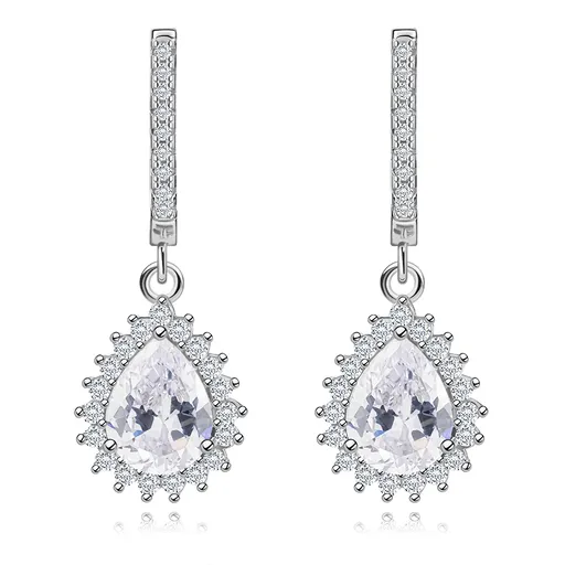 Stříbrné náušnice 925, visící broušená slza s třpytivým čirým okrajem