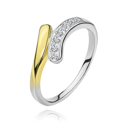 Stříbrný prsten 925 - zaoblená linie se zirkony a zlatým zbarvením - Velikost: 49