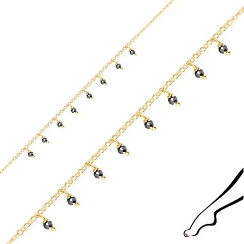 Stříbrný náramek na kotník 925 - kuličky z pyritu, zlatá barva, karabinka