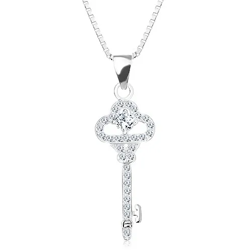 Stříbrný 925 náhrdelník, řetízek s přívěskem, blýskavý klíček, zirkony