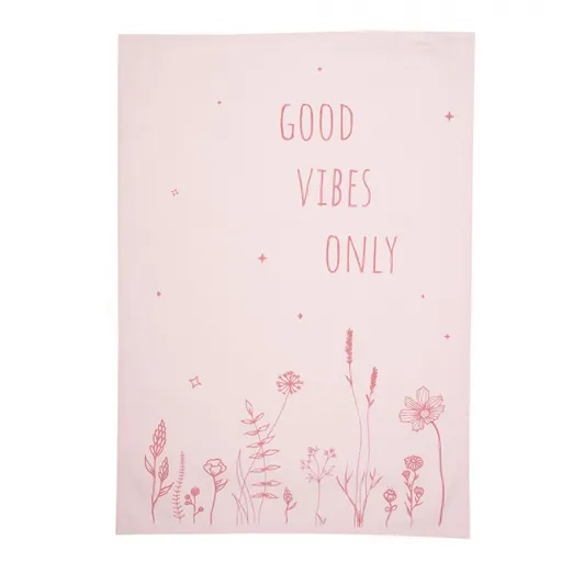 Růžová bavlněná utěrka s kytičkami Good Vibes Only - 47*70 cm Clayre & Eef