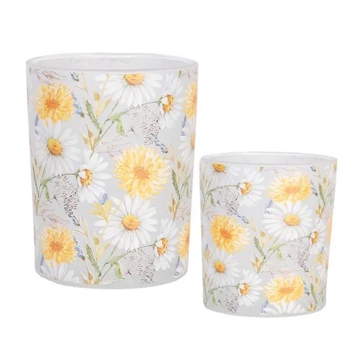 2ks skleněný svícen s květy kopretin - Ø 7*8 / 10*13 cm Clayre & Eef