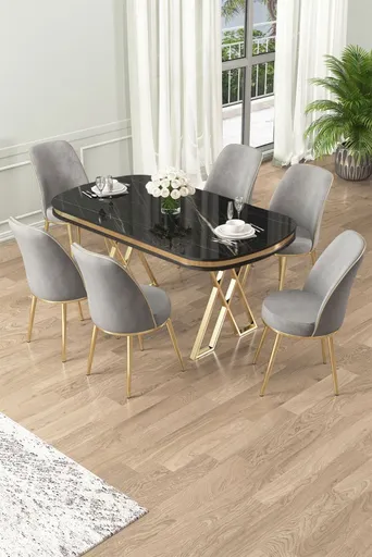 Dining Table & Chairs Set (7 Pieces) Lai - Black Marble, Gold, Grey