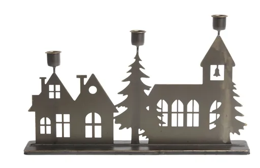 Mosazný antik kovový svícen na úzké svíčky s domky Canie - 40*7*24 cm Chic Antique