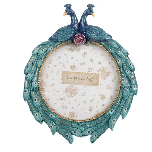 Modrý kulatý fotorámeček zdobený pávy - 17*3*21 cm / Ø 13 cm Clayre & Eef