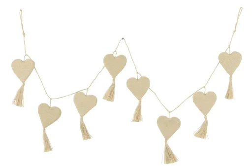 Béžová jutová girlanda s 8 srdíčky se střapci - 50*1*182 cm J-Line by Jolipa