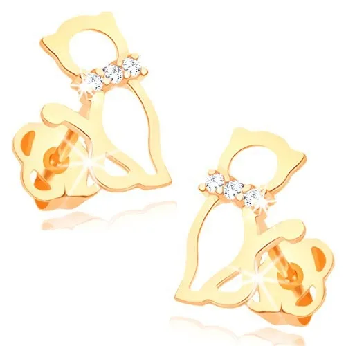 Náušnice ve žlutém 14K zlatě - obrys kočky s diamantovým obojkem