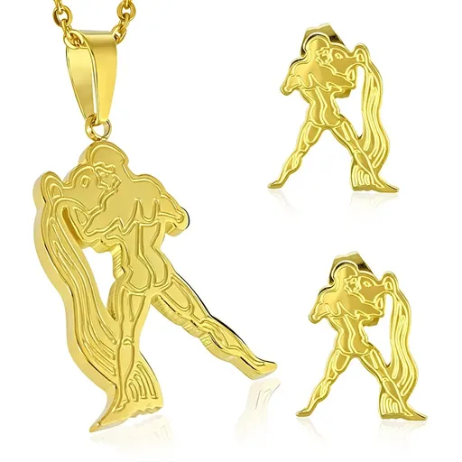 Ocelový set zlaté barvy - přívěsek a puzetové náušnice, znamení VODNÁŘ