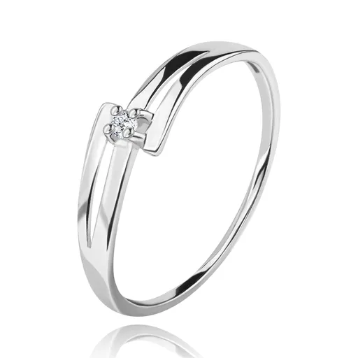 Briliantový prsten z bílého 14K zlata - rozdělená zvlněná ramena, čirý diamant - Velikost: 53