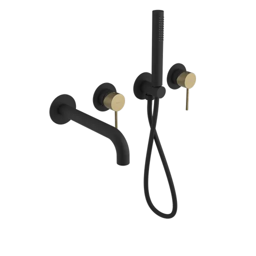 SAPHO ULTRAMIX podomítková vanová baterie s hubicí a ruční sprchou, 2 výstupy, černá mat/zlato mat UT093BG