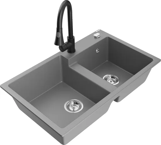 MEXEN/S Tomas granitový dřez 2-bowl včetně baterie Elia, šedá 6516-71-670101-70