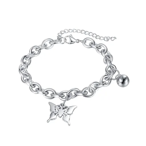 Ocelový náramek stříbrné barvy - motýl s vyřezávanými křídly, kulička