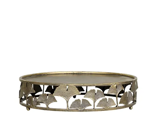 Mosazný antik dekorační kovový podnos Ginkgo - Ø 40*10cm Chic Antique