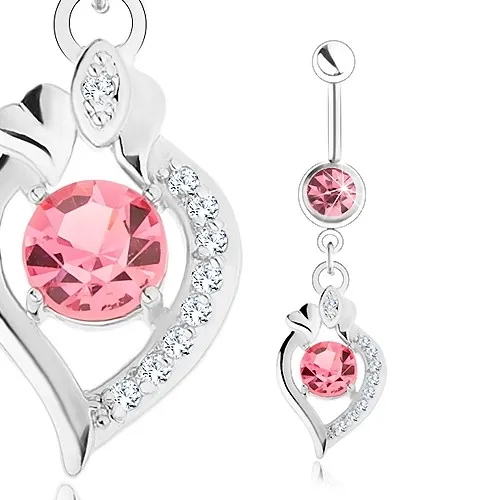 Ocelový piercing do bříška, stříbrná barva, růžové zirkony, obrys zrnka