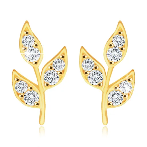 Diamantové náušnice ze 14K zlata - stonek s lístky, blýskavé čiré brilianty