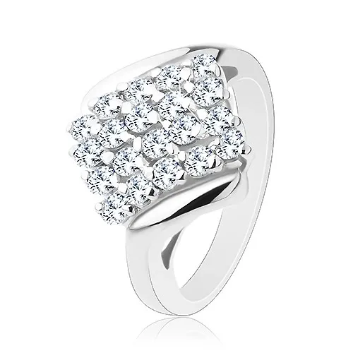 Lesklý prsten stříbrné barvy, blýskavý čtverec posetý barevnými zirkony - Velikost: 57, Barva: Čirá