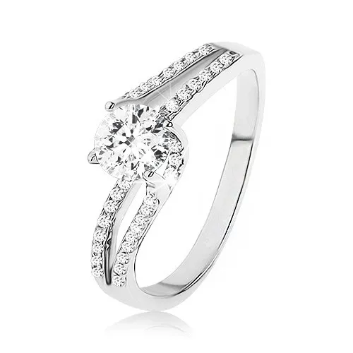 Prsten ze stříbra 925, kulatý čirý zirkon, rozdvojená a posunutá ramena - Velikost: 56