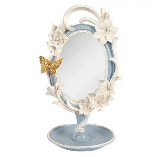 Bílo-modré antik stolní zrcátko s květy a se stojanem na šperky - 16*14*27 cm Clayre & Eef