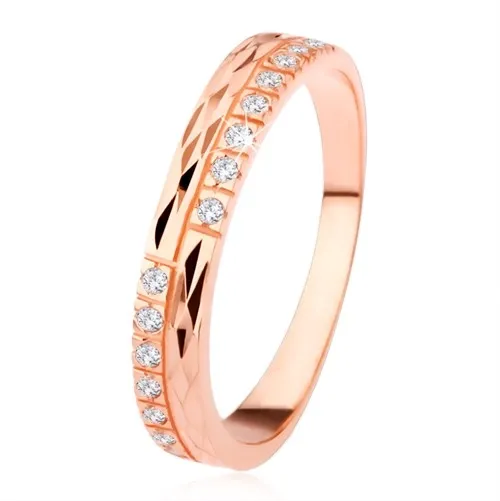 Prsten ze stříbra 925, měděná barva, diamantový řez, čiré zirkony - Velikost: 49