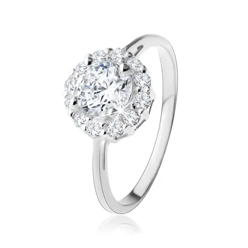 Prsten ze stříbra 925 - kulatý zirkon čiré barvy se třpytivou konturou - Velikost: 49