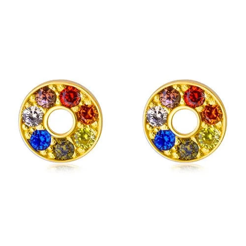 Lesklé zlaté náušnice 585 - kontura kruhu s barevnými zirkony a výřezem uprostřed