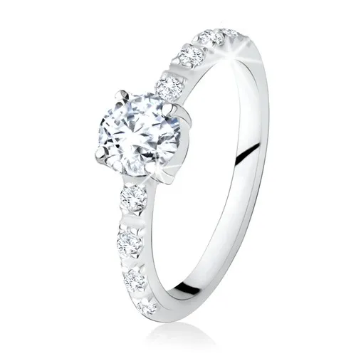 Stříbrný prsten 925, kulatý čirý kamínek, ramena zdobená zirkony - Velikost: 59