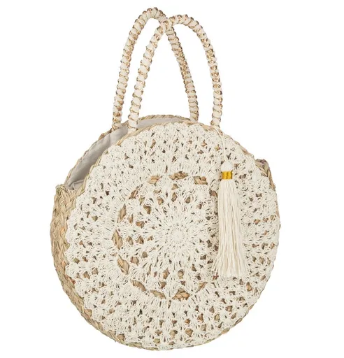 Plážová kulatá taška z mořské trávy s krajkou Beach Bag Lace - Ø 40*7cm J-Line by Jolipa