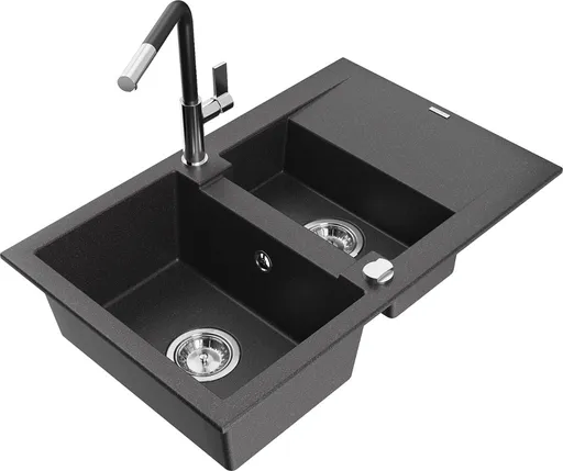MEXEN/S Gaspar granitový dřez 1.5 s odkapávačem včetně baterie Flora, černá kropenatá 6507-76-670401-07