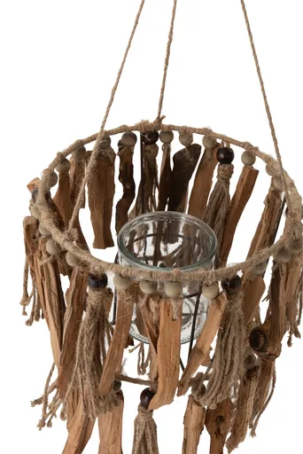 Skleněný závěsný svícen s provázky a dřívky Ethno - Ø 25*87cm J-Line by Jolipa