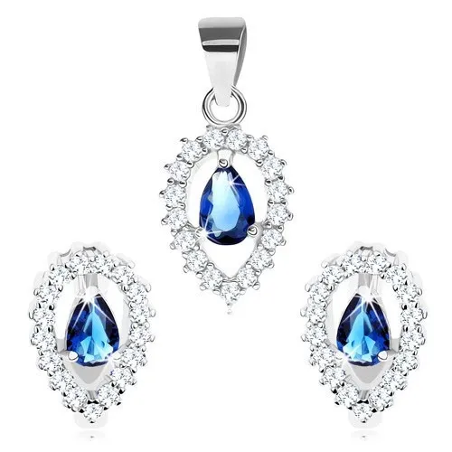 Stříbrná sada 925, přívěsek a náušnice, obrys obrácené kapky, modrá slza