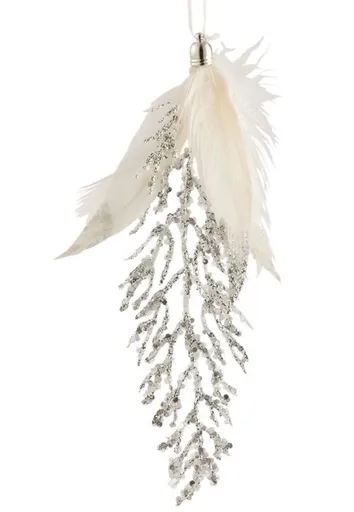Závěsná ozdoba stříbrná větvička s bílými peříčky - 8*2*18 cm J-Line by Jolipa