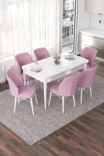 Extendable Dining Table & Chairs Set (7 Pieces) Nef - White, Pink