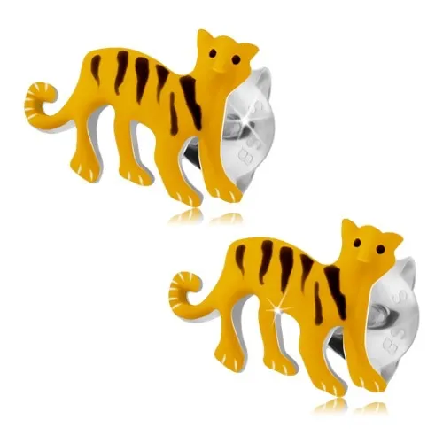 Stříbrné 925 náušnice, žlutý tygr s černými proužky, puzetky