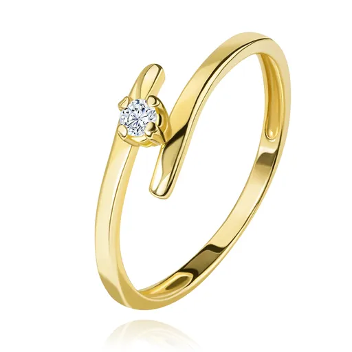 Diamantový prsten ve žlutém 14K zlatě - zářivý čirý briliant, tenká prodloužená ramena - Velikost: 49