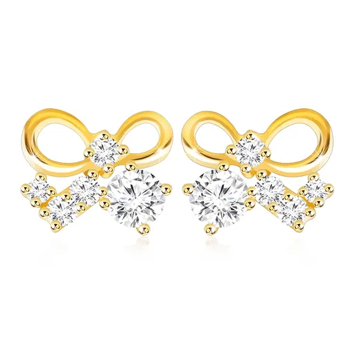 Zlaté náušnice 14K s motivem mašle a čirými zirkony