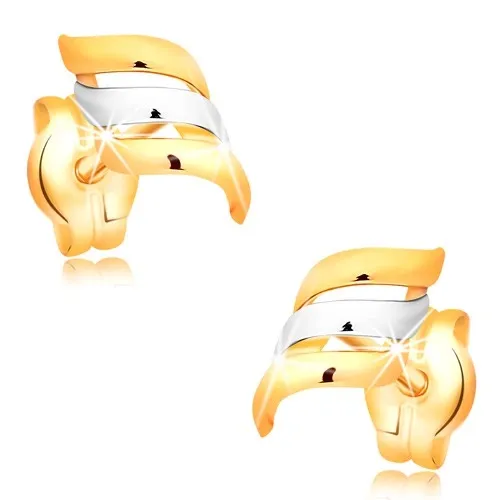 Zlaté náušnice 585 - dvoubarevné, spirálovitě zahnuté linie, vysoký lesk