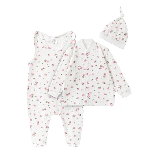 MBaby Bavlněná 3D sada, dupačky s košilkou + čepička, Amélie, bílá/růžová