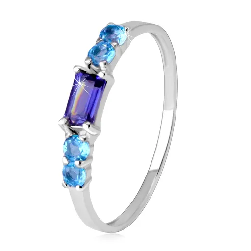 Prsten ze 14K bílého zlata - hranatý iolit, kulaté švýcarské topasy - Velikost: 49