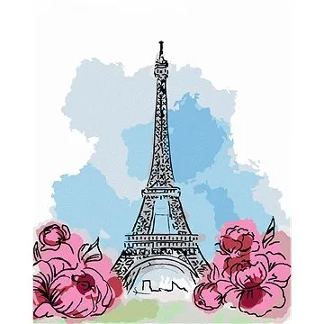 Eiffelova věž v Paříži s růžovými květinami, 40×50 cm, vypnuté plátno na rám (6045401)