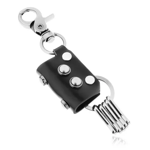 Přívěsek na klíče - ocelově šedý povrch s matnou patinou, černá umělá kůže