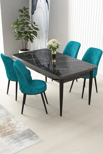 Dining Table & Chairs Set (5 Pieces) Nil - Black Marble, Turquoise