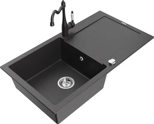 MEXEN/S Leogranitový dřez 1 s odkapávačem včetně baterie Carla, černá kropenatá 6501-76-670700-76