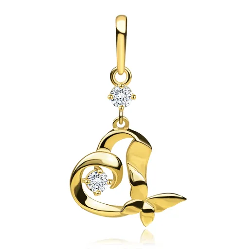 Přívěsek ze žlutého zlata 585 - srdce se zirkony, silueta motýla