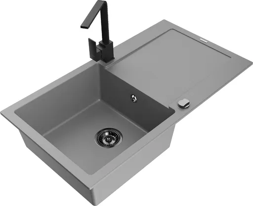 MEXEN/S Leo granitový dřez 1-miska s odkapávačem včetně baterie Rita, šedý 6501-71-670300-70-B