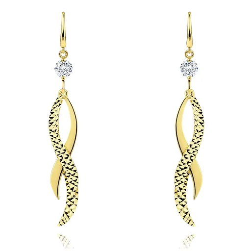 Náušnice ze žlutého 14K zlata - čirý zirkon, tři zvlněné prolínající se stužky